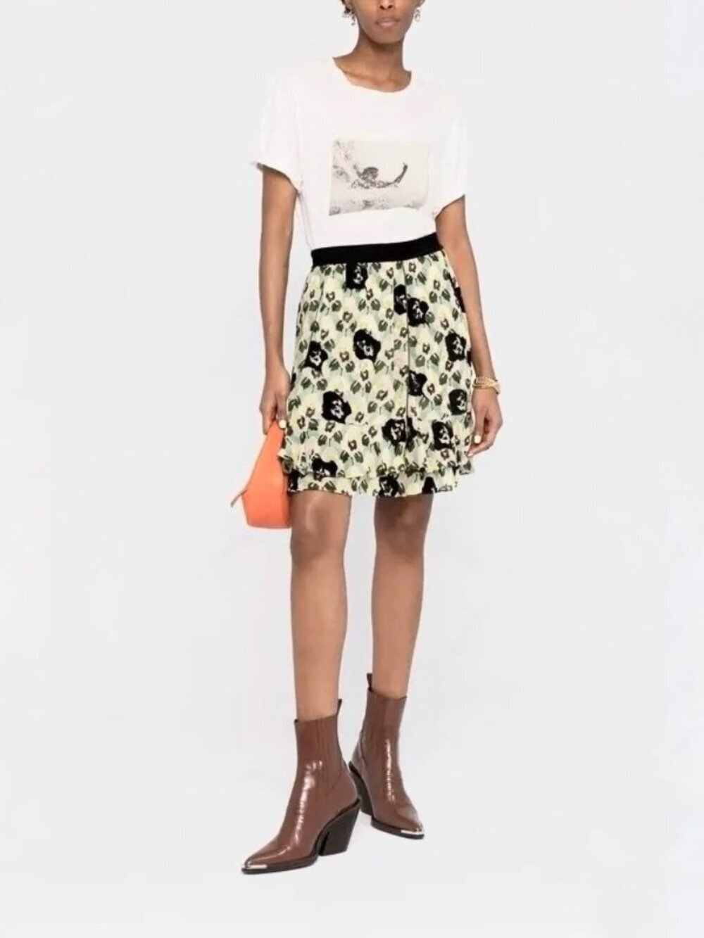 DOROTHEE SCHUMACHER Green Floral Velvet Georgette Ruffle Mini Skirt, Size 4/L